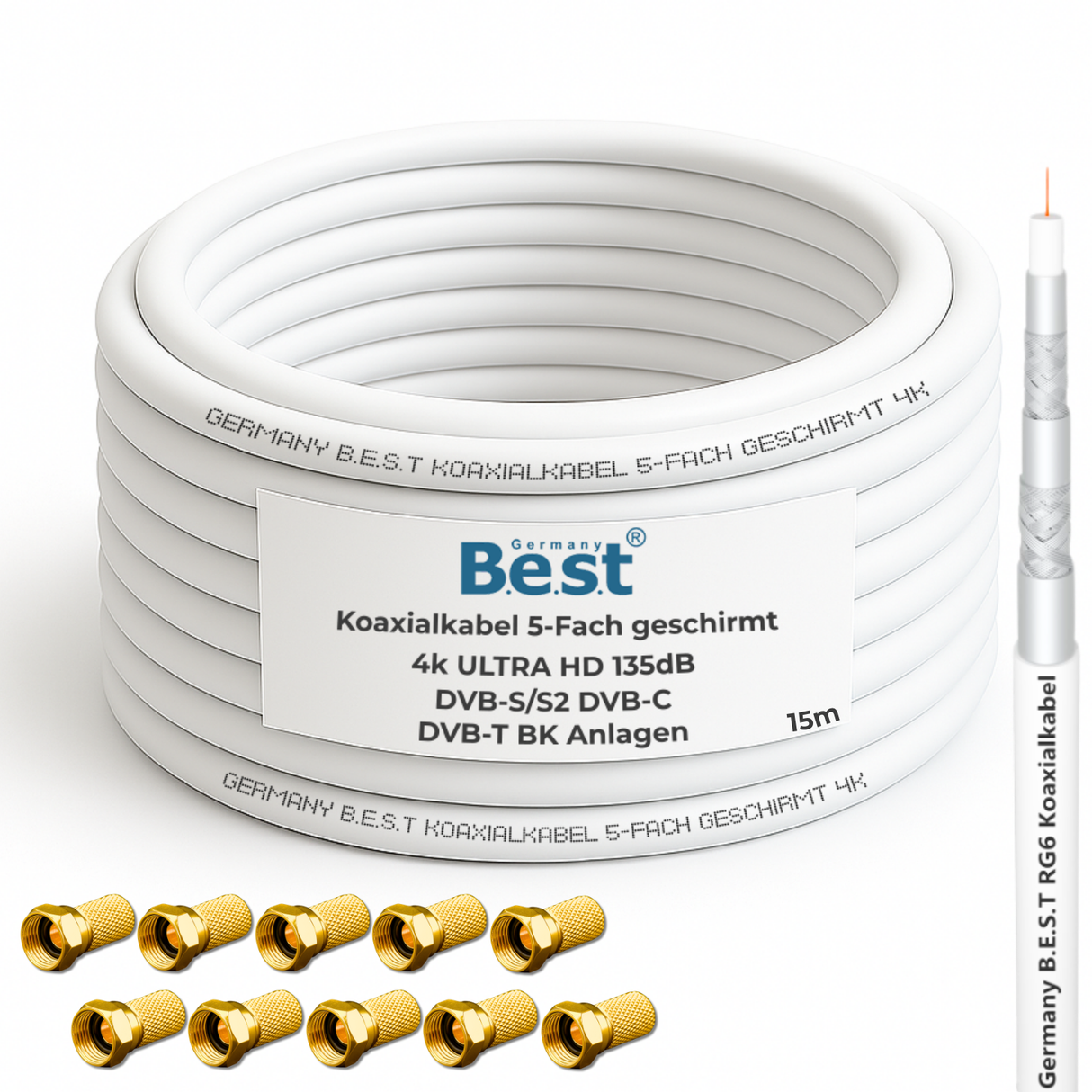 Koaxialkabel 15m SAT-Kabel | 4K Ultra HD | Class A+ | DVB-S/S2 DVB-C DVB-T BK Anlagen | 5Fach Geschirmt | 135dB | Antennenkabel | Koaxkabel | 10x F-Stecker