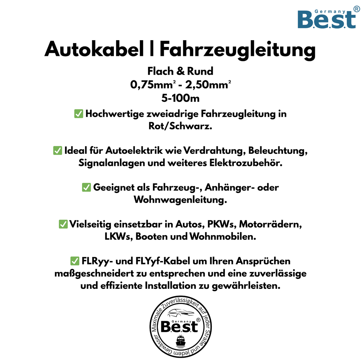 Fahrzeugleitung – Lautsprecherkabel, Subwoofer-Kabel, KFZ-Kabel in 5m bis 200m, 0,75mm², 1,5mm², 2,5mm²