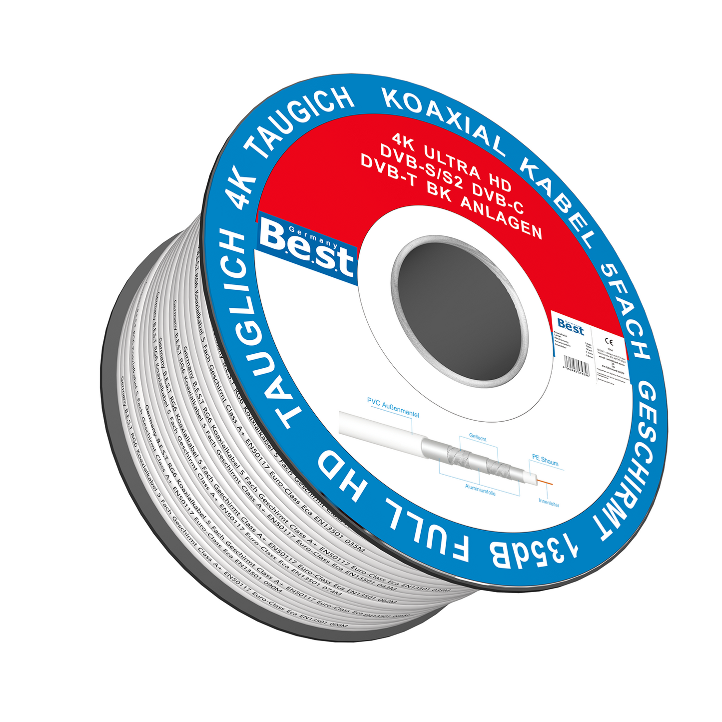 Germany B.e.s.t Koaxialkabel 50 M SAT-Kabel | 4K Ultra HD | Class A+ | DVB-S/S2 DVB-C DVB-T BK Anlagen | 5Fach Geschirmt | 135dB