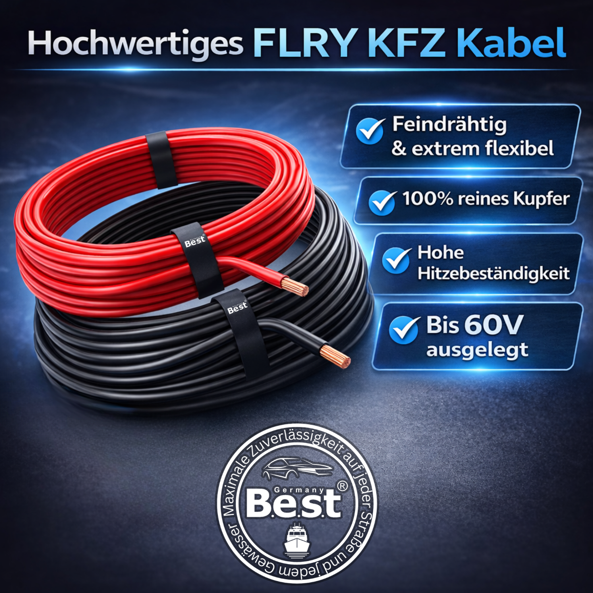 Fahrzeugleitung 0,75-6,00mm² 5-20m Rot/Schwarz FLRY-B SET 100% Vollkupfer – Fahrzeugleitung als Ring – Auto Stromkabel bis 60V – flexible Litze für PKW, LKW, Motorrad, Wohnmobil, Auto Hifi, Bordelektrik