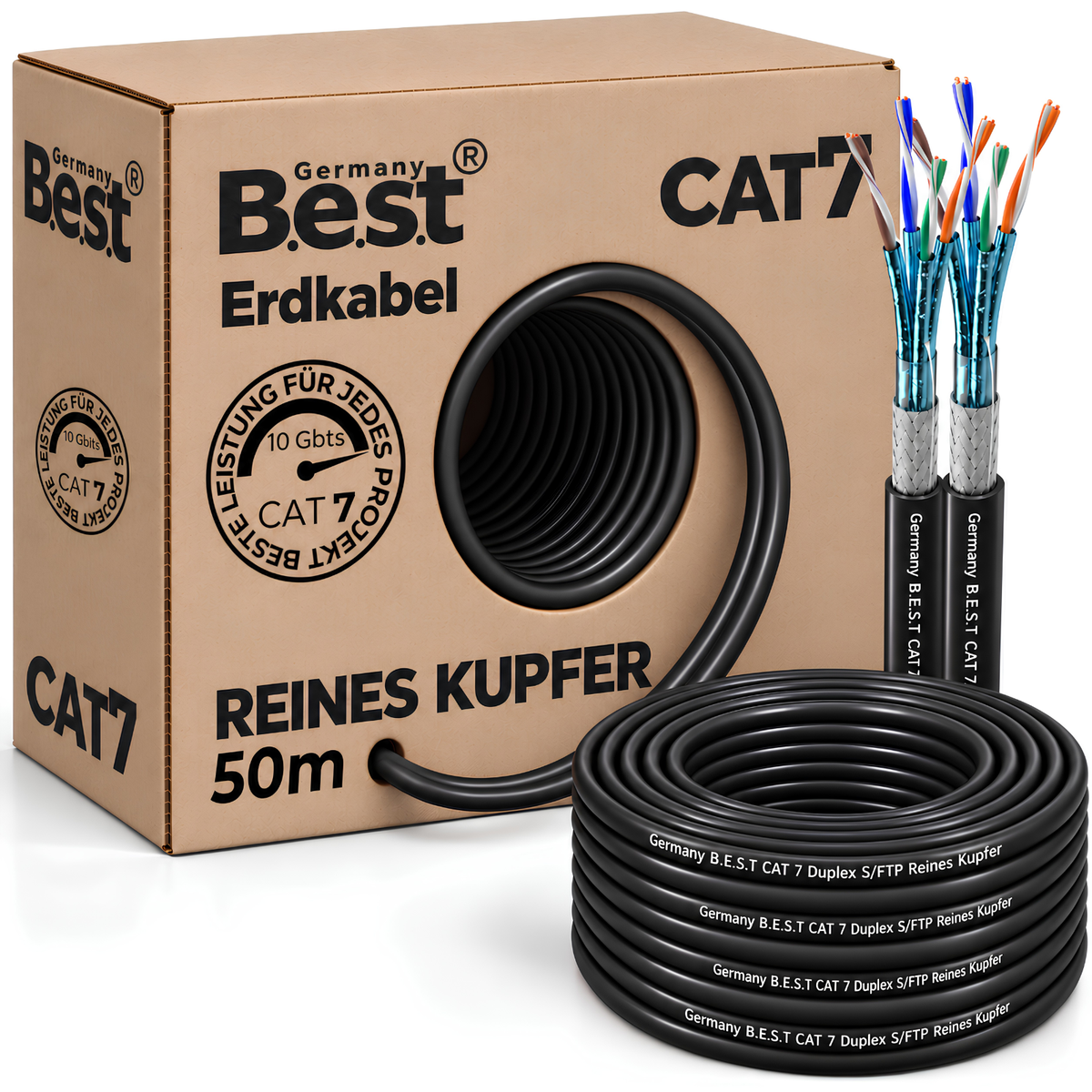 Câble Réseau Extérieur CAT 7 50M Duplex Câble Souterrain Câble LAN Câble Ethernet S/FTP 10 Gbit/s Cat 7 Cuivre Pur PoE+ Câble de Données LSZH