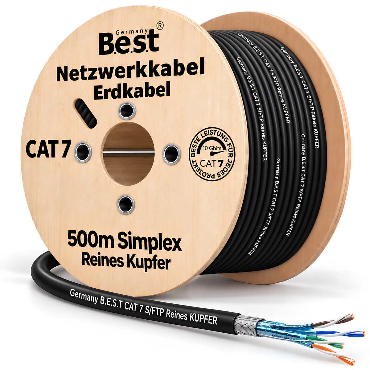 CAT 7 500M Simplex Erdkabel Netzwerkkabel Outdoorkabel LAN Kabel Ethernetkabel S/FTP 10 Gbit/s Kat 7 reines Kupfer PoE+ LSZH Datenkabel