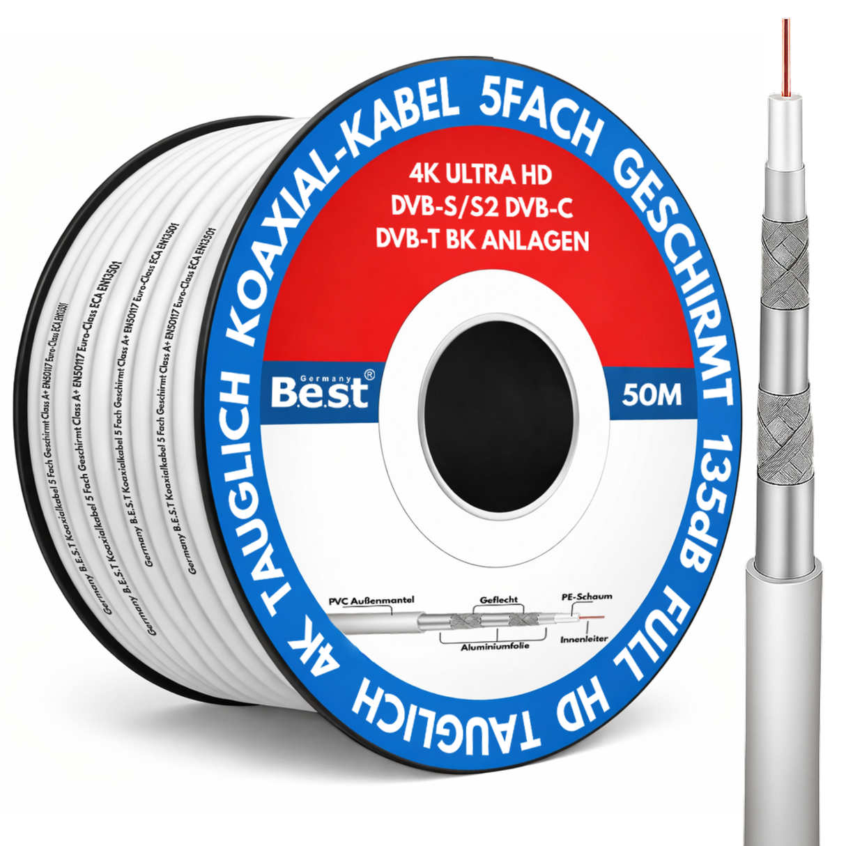 Germany B.e.s.t Koaxialkabel 50 M SAT-Kabel | 4K Ultra HD | Class A+ | DVB-S/S2 DVB-C DVB-T BK Anlagen | 5Fach Geschirmt | 135dB