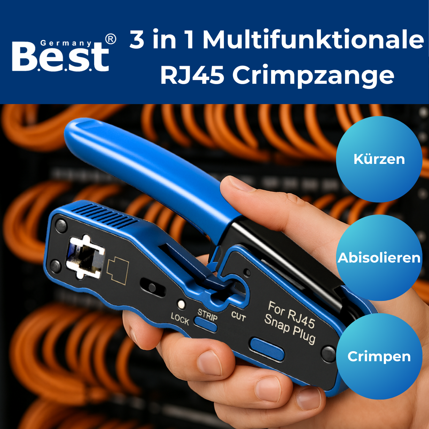 3 in 1 Crimpzange Netzwerkwerkzeug, Presszange für RJ45 Stecker Abisolieren, Schneiden und Crimpen für CAT5, CAT5e, CAT6, CAT6a, CAT7 (8P)