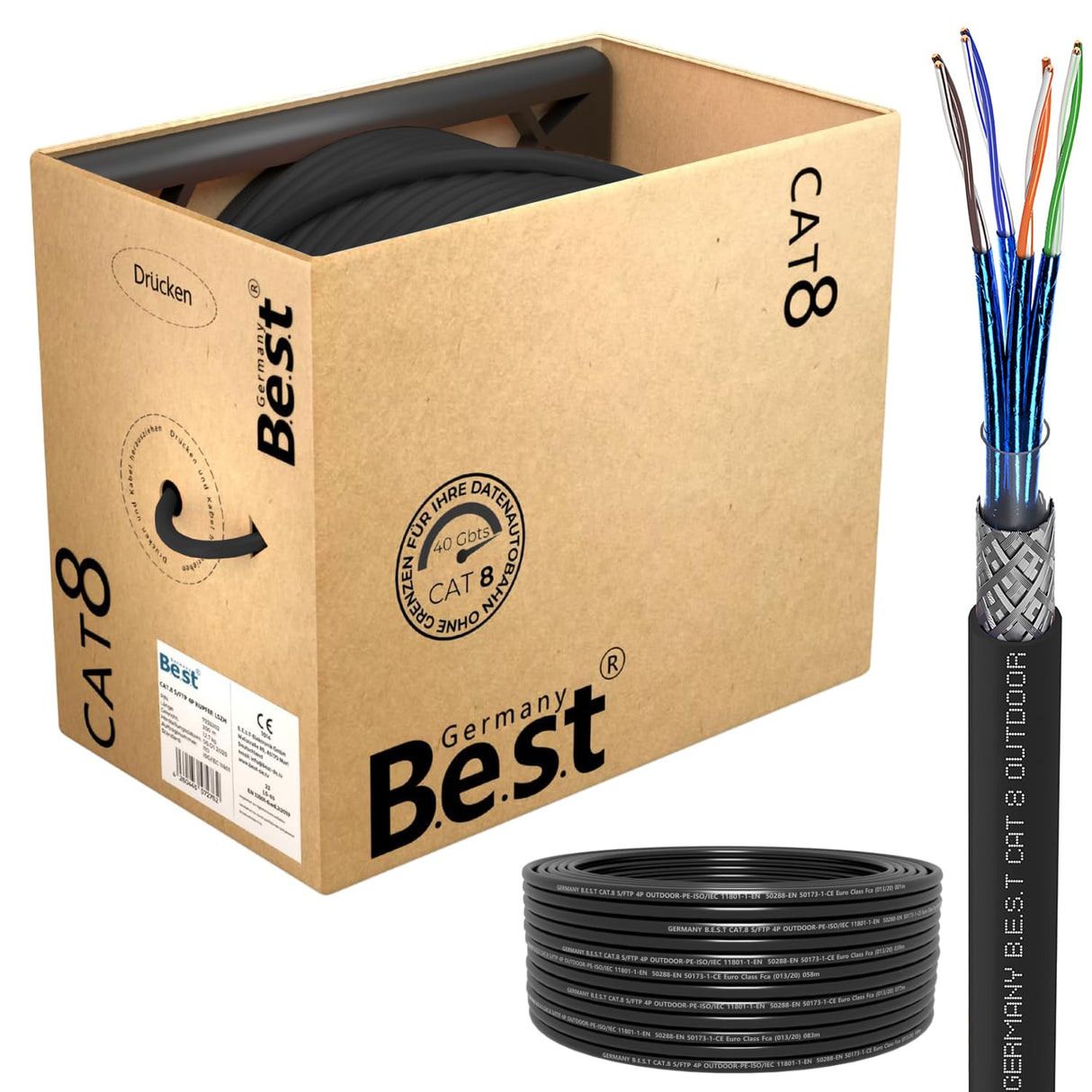 CAT 8 200M Simplex Erdkabel Netzwerkkabel Outdoorkabel LAN Kabel Ethernetkabel S/FTP 40 Gbit/s Kat 8 reines Kupfer PoE++ LSZH Datenkabel