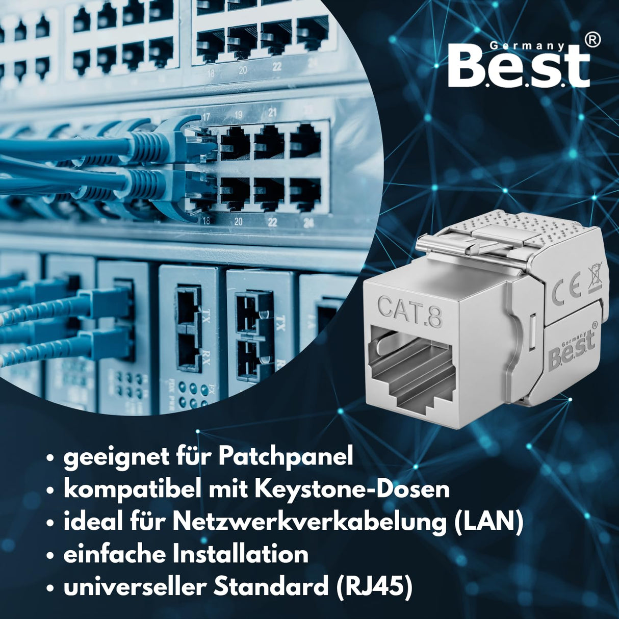 CAT 8 Keystone Netzwerkmodul RJ45 – High-Speed Keystone Buchse, werkzeugfreie Montage, 40 Gbit/s, STP geschirmt, vergoldete Kontakte, kompatibel mit AWG 22–26 & Patchpanel/Netzwerkdosen