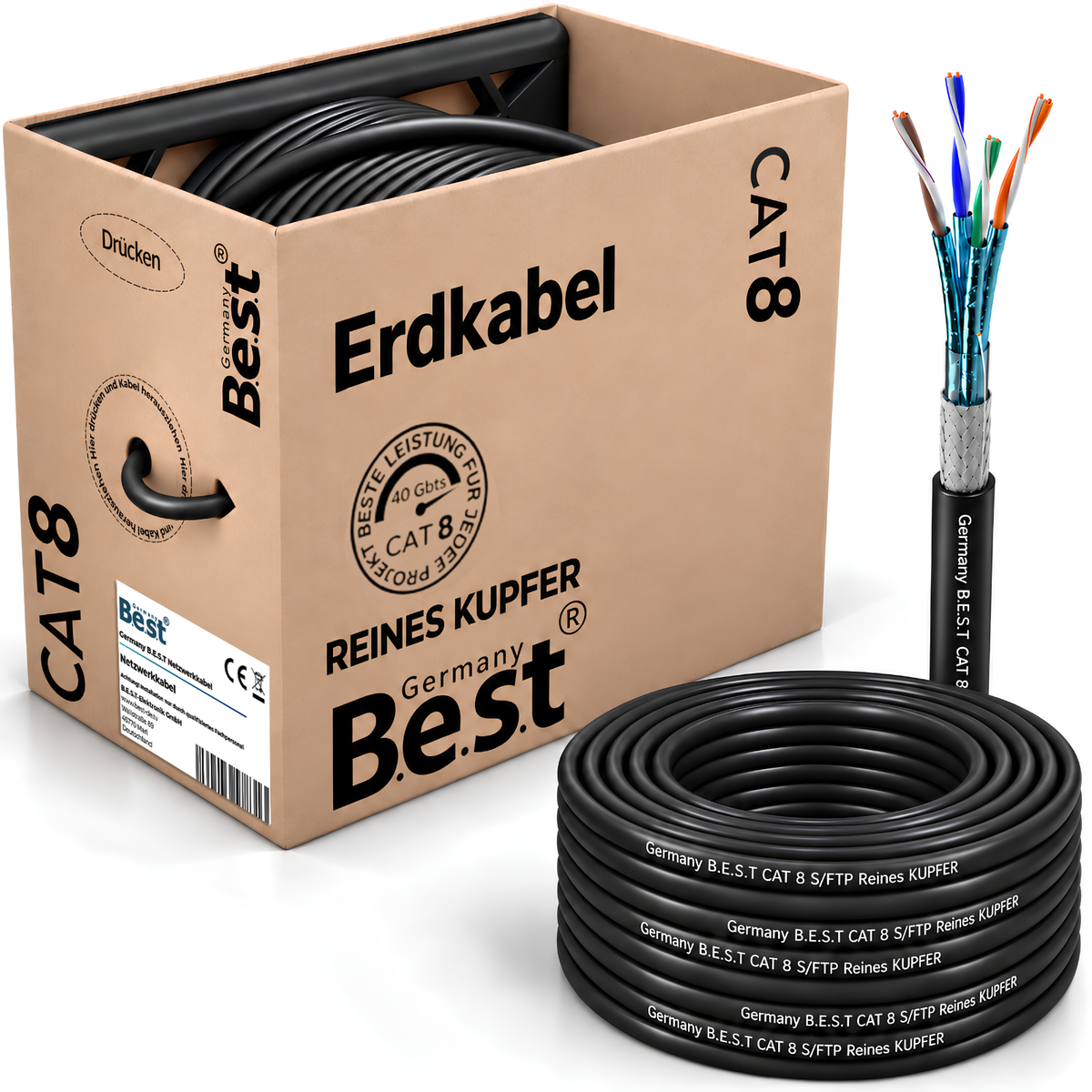 Câble réseau CAT 8 200M Simplex Câble d'extérieur Câble LAN Câble Ethernet S/FTP 40 Gbit/s Cat 8 Cuivre pur PoE++ LSZH Câble de données
