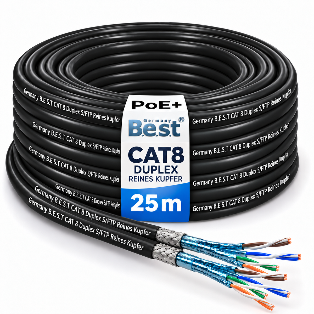 25m Câble Réseau Extérieur Duplex CAT 8 Câble d'Installation Sans Halogène Câble de Pose 40 Gbit/s Câblage CAT8 Câble de Données Réseau CAT8.1 LAN