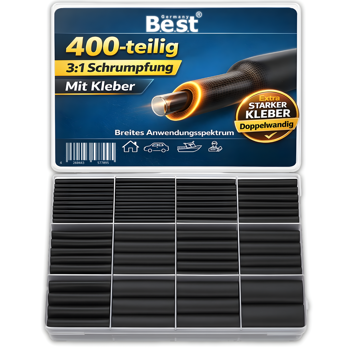 Schrumpfschlauch Set 400-teilig wasserdicht mit Innenkleber, 3:1 Schrumpfverhältnis, PVC hitzebeständig & flammhemmend, für Kabelisolierung, KFZ, Elektrik, Lötstellen, Reparatur, DIY