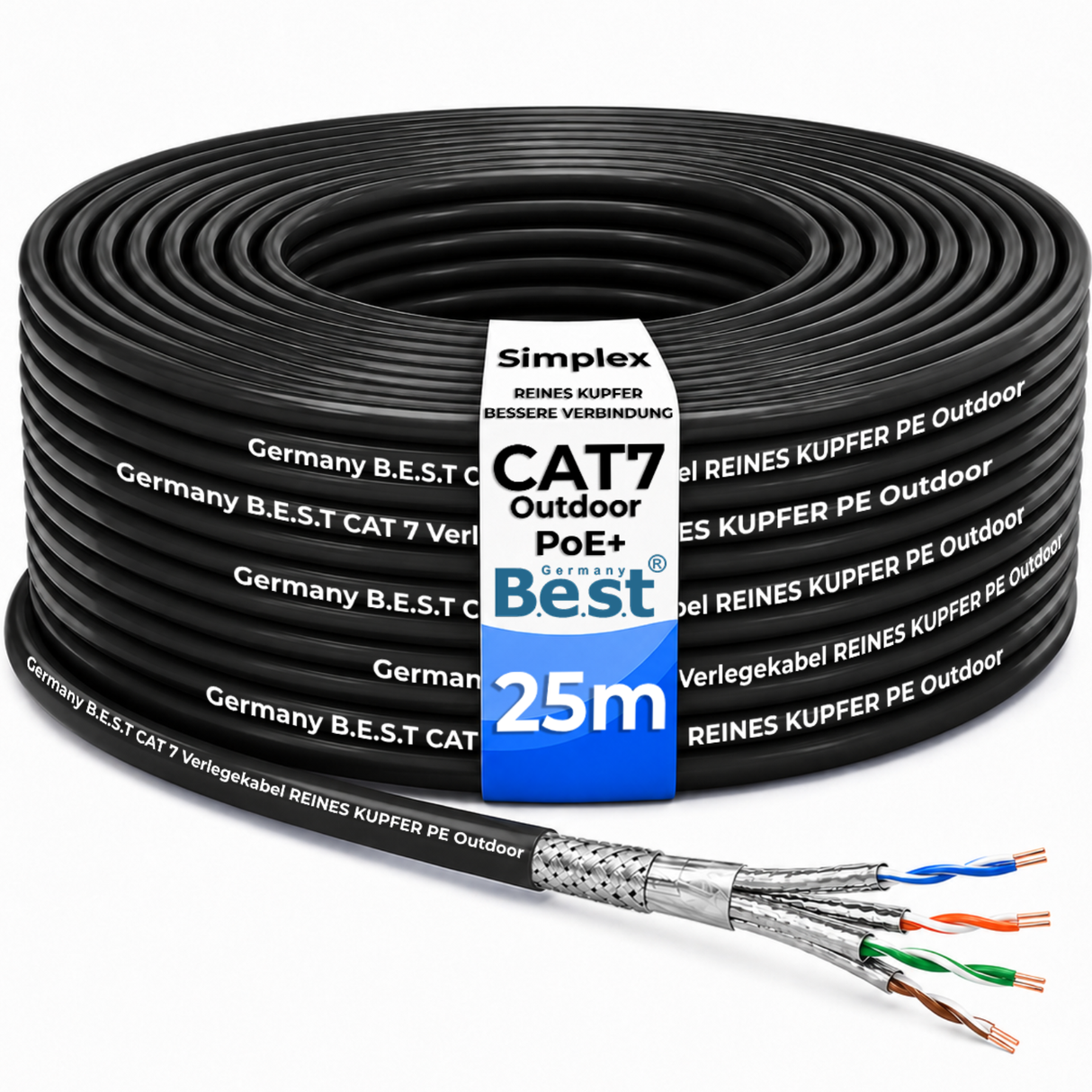 CAT 7 25M Simplex Erdkabel Netzwerkkabel Outdoorkabel LAN Kabel Ethernetkabel S/FTP 10 Gbit/s Kat 7 reines Kupfer PoE+ LSZH Datenkabel