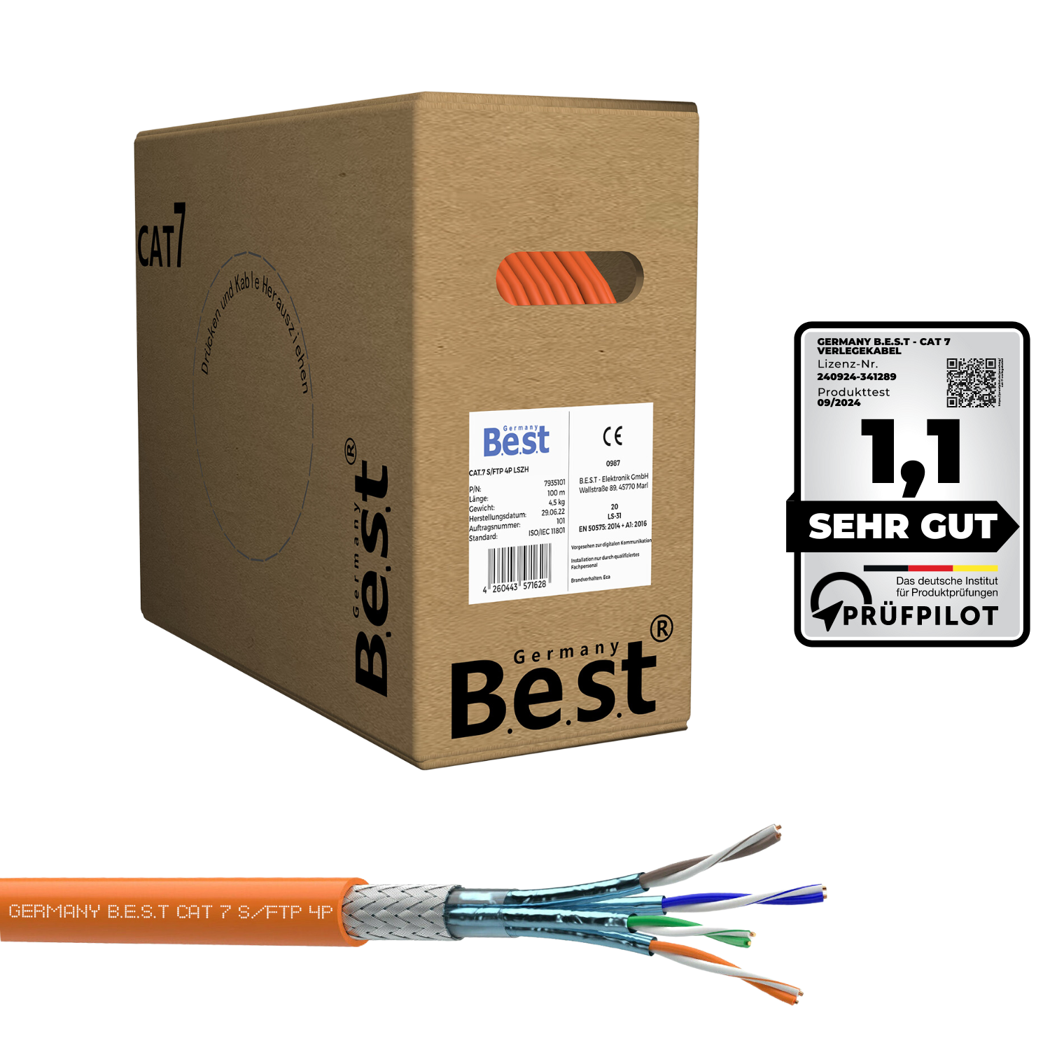 100 M Germany B.e.s.t. CAT.7 Verlegekabel Duplex Netzwerkkabel Kupfer LAN 1000Mhz S/FTP6 5 Kat