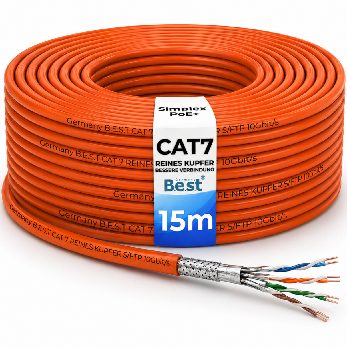 CAT 7 15M Simplex Netzwerkkabel Verlegekabel Kupfer LAN Kabel Ethernetkabel S/FTP 10 Gbit/s Kat 7 reines Kupfer Datenkabel PoE+ LSZH Datenkabel