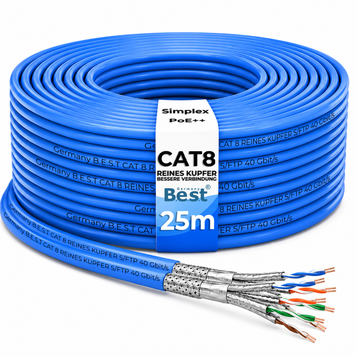 25M CAT 8 Duplex Netzwerkkabel Verlegekabel Kupfer LAN Kabel Ethernetkabel S/FTP 40 Gbit/s Kat 8 reines Kupfer Datenkabel PoE++ LSZH Datenkabel