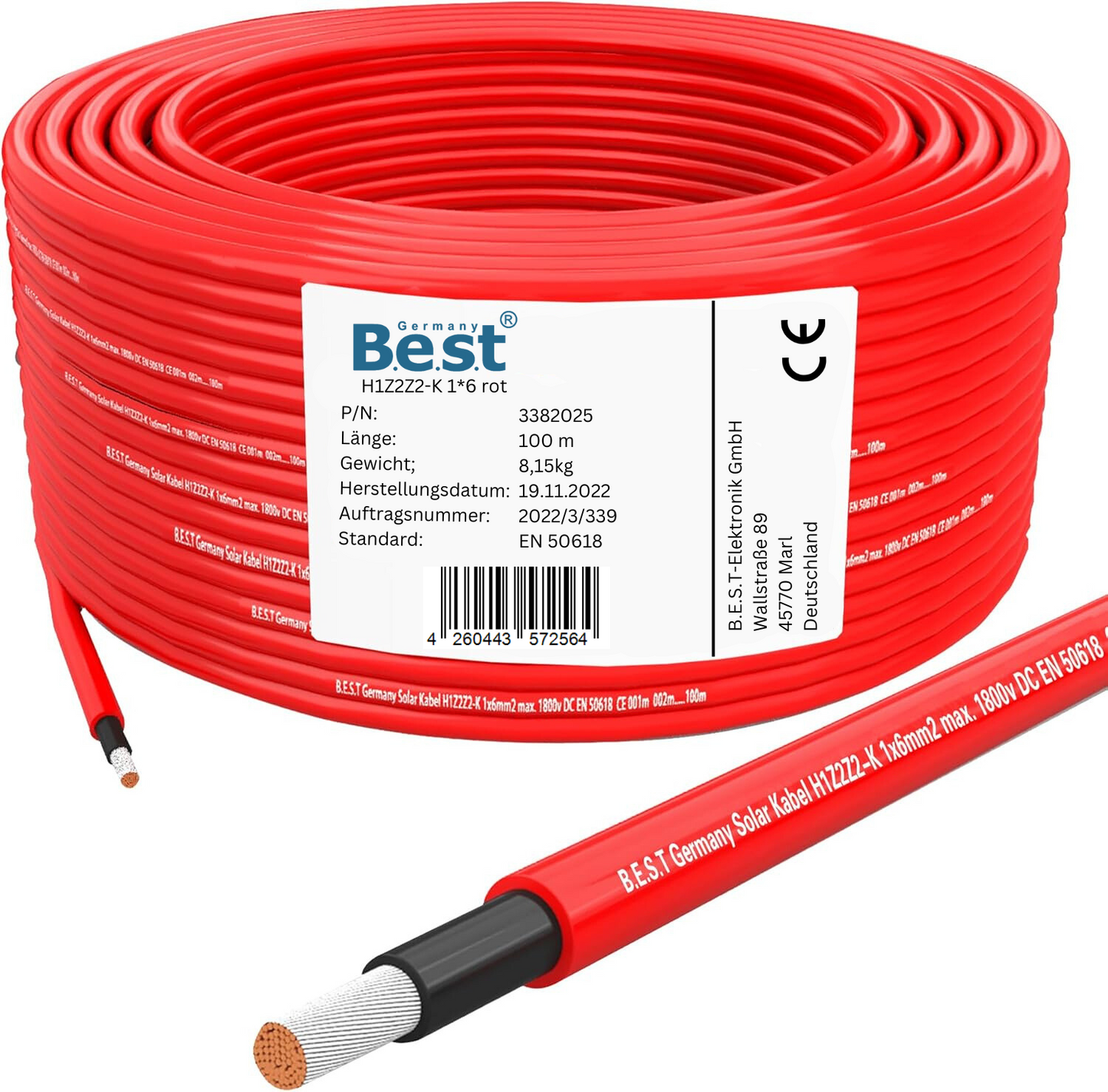 Solarkabel Solarleitung 100m 6mm² reines Kupferkabel H1Z2Z2-K PV Rot