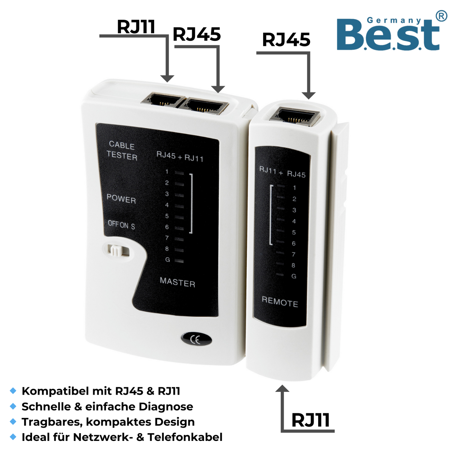Kabeltester Netzwerktester für RJ45 & RJ11 Stecker