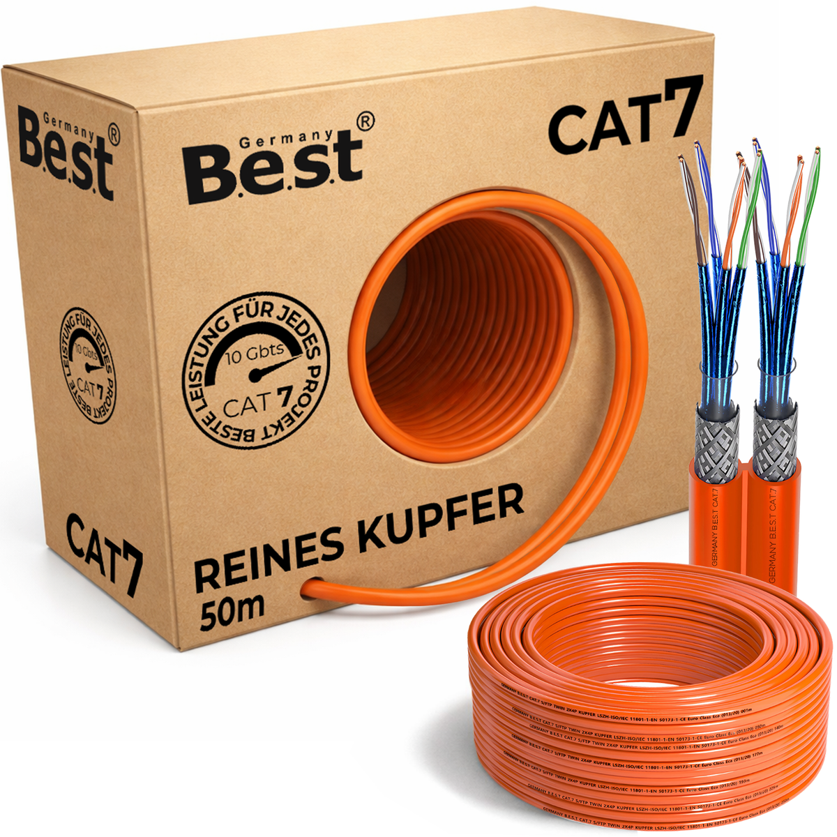 RedStar24 Cat.7 Netzwerkkabel Verlegekabel 1000 MHz S/FTP 50m Duplex Abrollbox Netzwerkkabel, (5000 cm