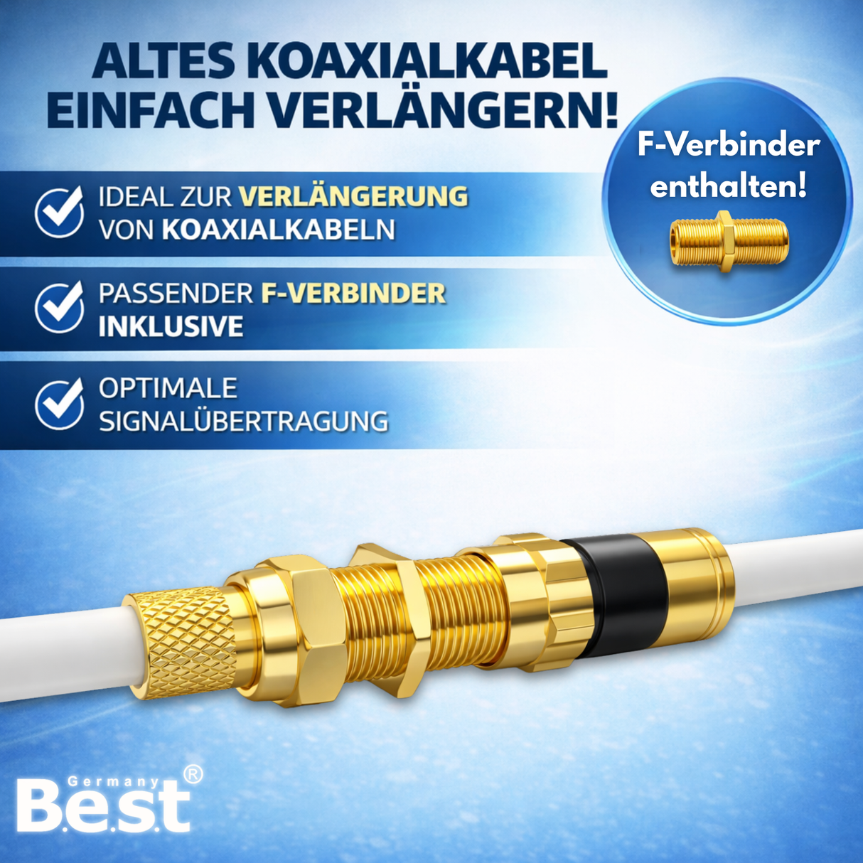 SAT Antennenkabel Koaxialkabel 135 dB Class A+ – Digital HDTV / 4K / 3D / UHD – vergoldet – 1× 90° Winkelstecker & 1x F-Verbinder inkl. – Satellitenkabel für Receiver, Router & Modem