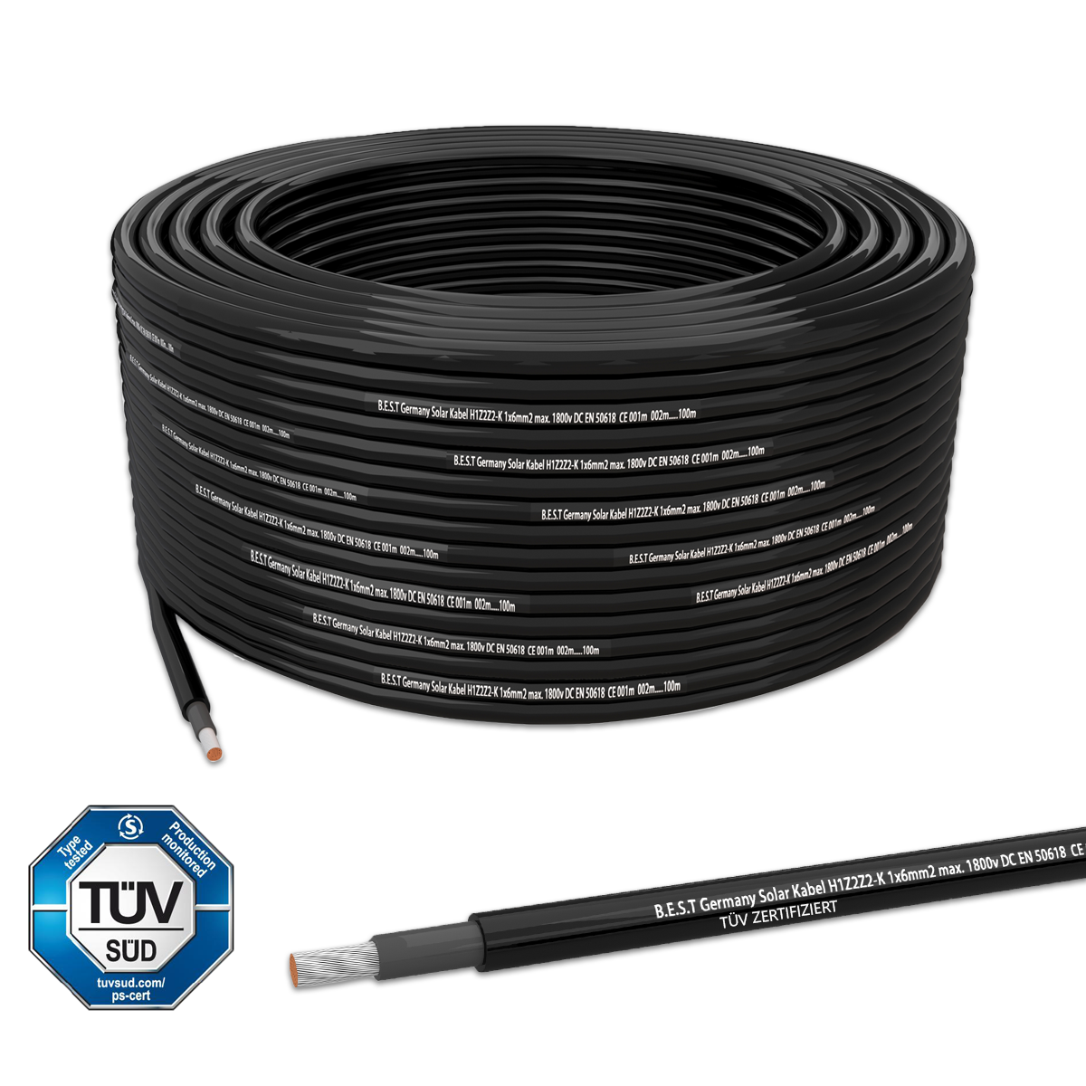 Solarkabel Solarleitung 100m 6mm² reines Kupferkabel H1Z2Z2-K PV Schwarz