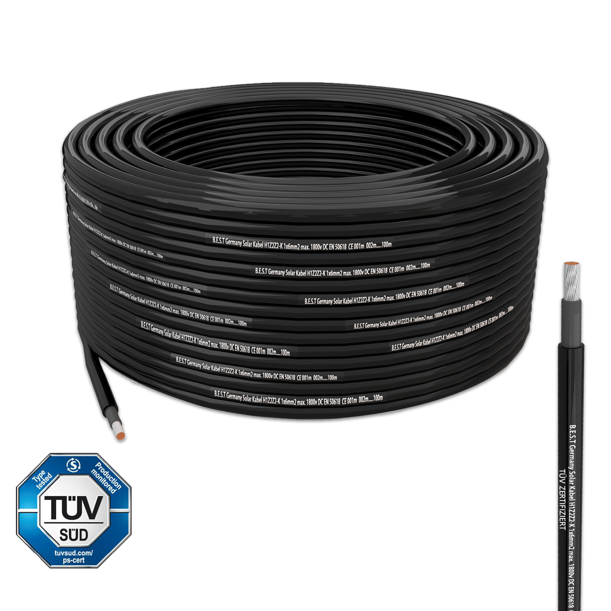 Solarkabel Solarleitung 100m 6mm² reines Kupferkabel H1Z2Z2-K PV Schwarz