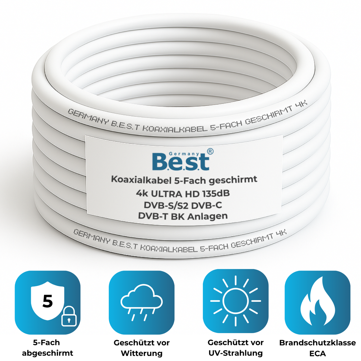 Koaxialkabel 50m SAT-Kabel | 4K Ultra HD | Class A+ | DVB-S/S2 DVB-C DVB-T BK Anlagen | 5Fach Geschirmt | 135dB | Antennenkabel | Koaxkabel | 10x F-Stecker