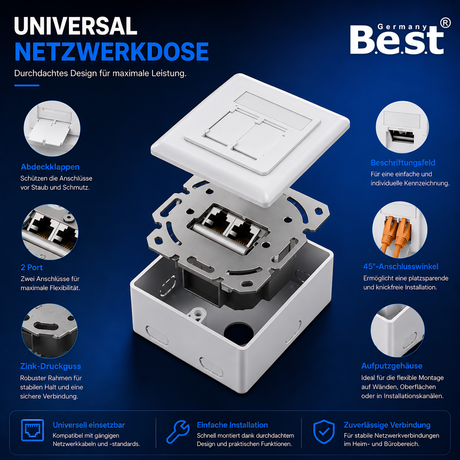 Universal Netzwerkdose LAN Dose Aufputz & Unterputz EIA/TIA 568A&B | 2x RJ45 Port | CAT6a, CAT7, CAT8 kompatibel - Weiß