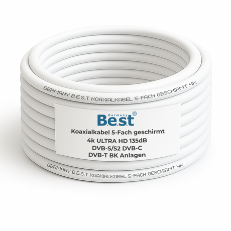 Koaxialkabel 15m SAT-Kabel | 4K Ultra HD | Class A+ | DVB-S/S2 DVB-C DVB-T BK Anlagen | 5Fach Geschirmt | 135dB | Antennenkabel | Koaxkabel | 10x F-Stecker