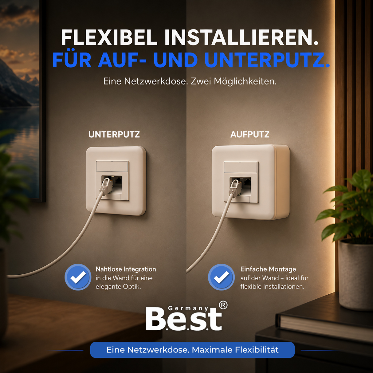 Universal Netzwerkdose LAN Dose Aufputz & Unterputz EIA/TIA 568A&B | 2x RJ45 Port | CAT6a, CAT7, CAT8 kompatibel - Weiß