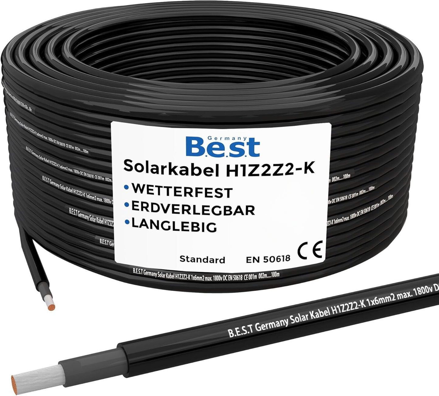 Solarkabel Solarleitung 100m 6mm² reines Kupferkabel H1Z2Z2-K PV Schwarz