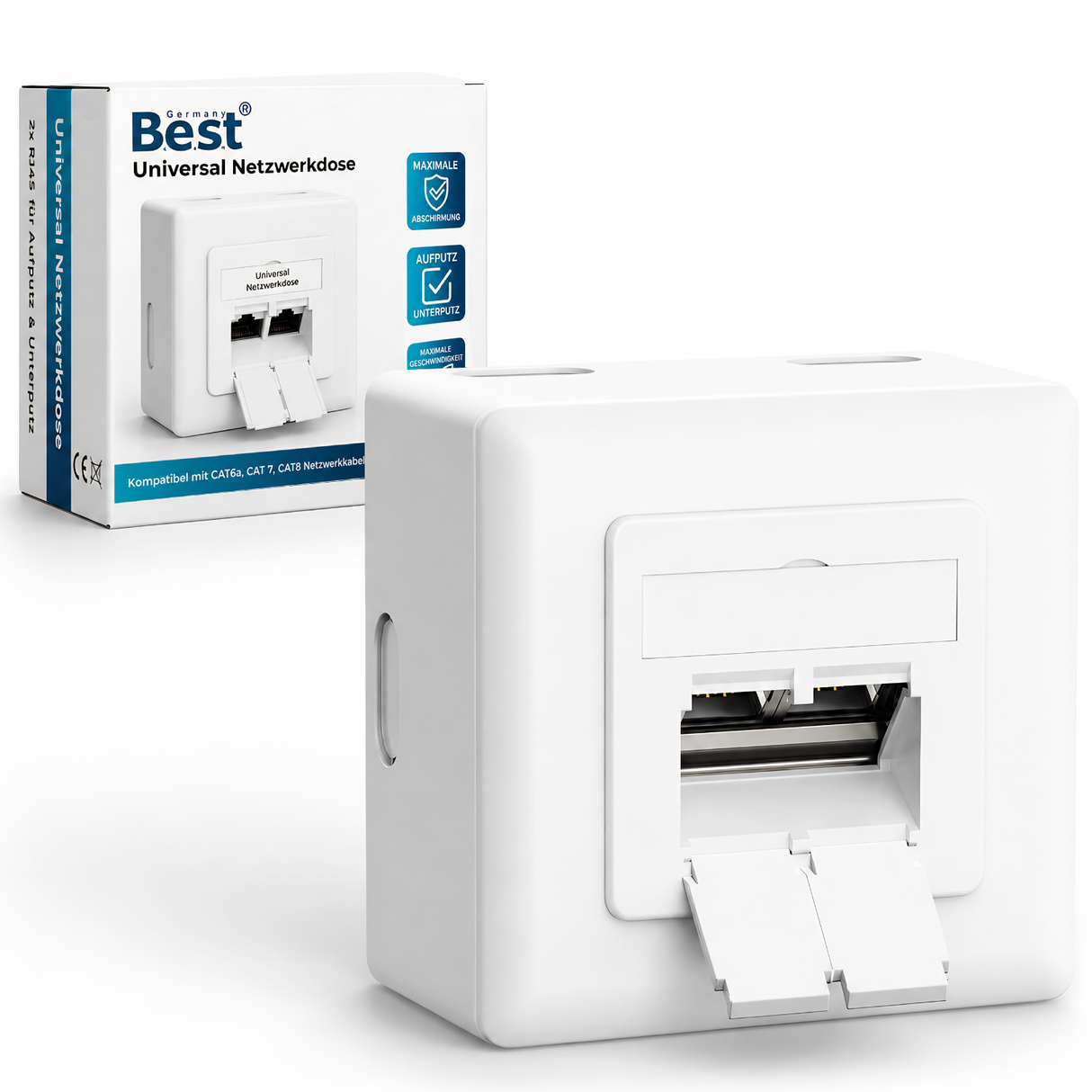 Universal Netzwerkdose LAN Dose Aufputz & Unterputz EIA/TIA 568A&B | 2x RJ45 Port | CAT6a, CAT7, CAT8 kompatibel - Weiß