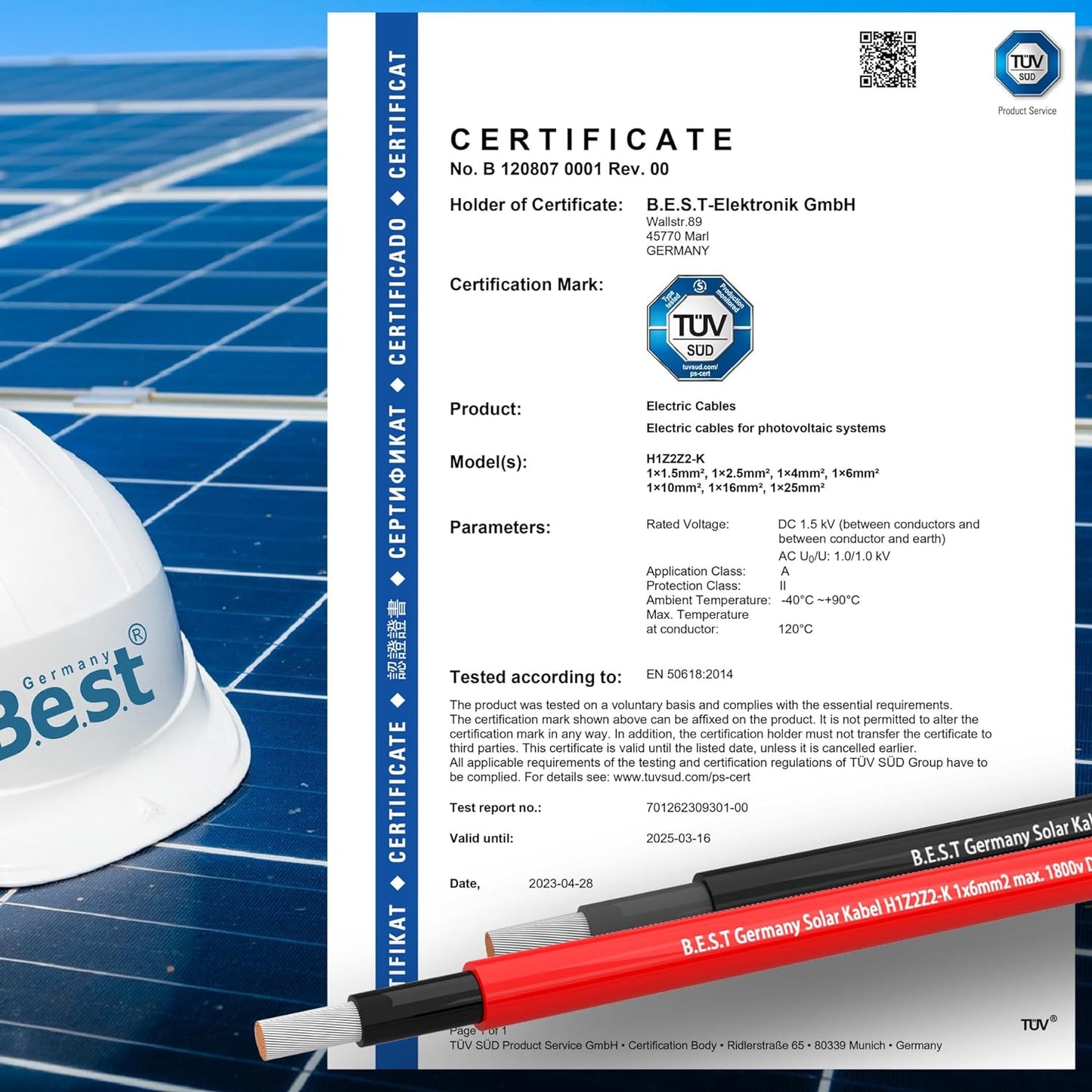 Solarkabel Solarleitung 25-100M 6mm² Photovoltaik PV Kabel TÜV geprüft + 10 Stecker Schwarz und Rot