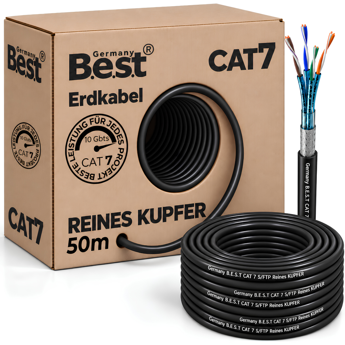 CAT 7 50M Câble de Terre Simplex Câble Réseau Câble Extérieur Câble LAN Câble Ethernet S/FTP 10 Gbit/s Cat 7 Cuivre Pur PoE+ LSZH Câble de Données