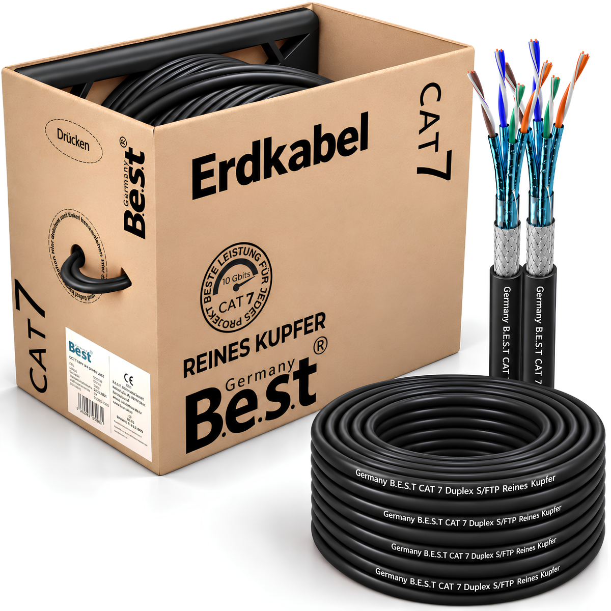 Câble réseau extérieur Duplex CAT 7 100 m Câble LAN Ethernet S/FTP 10 Gbit/s Cat 7 Cuivre pur PoE+ LSZH Câble de données