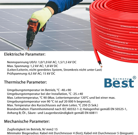 Solarkabel Solarleitung 25-100M 4-6mm² Photovoltaik PV Kabel + 10 Solarstecker Schwarz und Rot