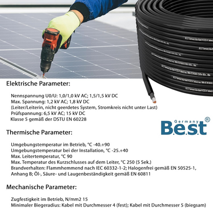 Solarkabel Solarleitung 100m 6mm² reines Kupferkabel H1Z2Z2-K PV Schwarz