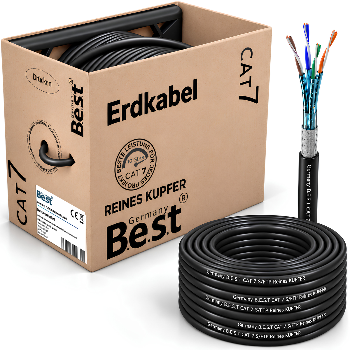 Câble de réseau enterré monobrin CAT 7 200M, câble d'extérieur, câble LAN, câble Ethernet S/FTP 10 Gbit/s Cat 7 cuivre pur PoE++ LSZH câble de données