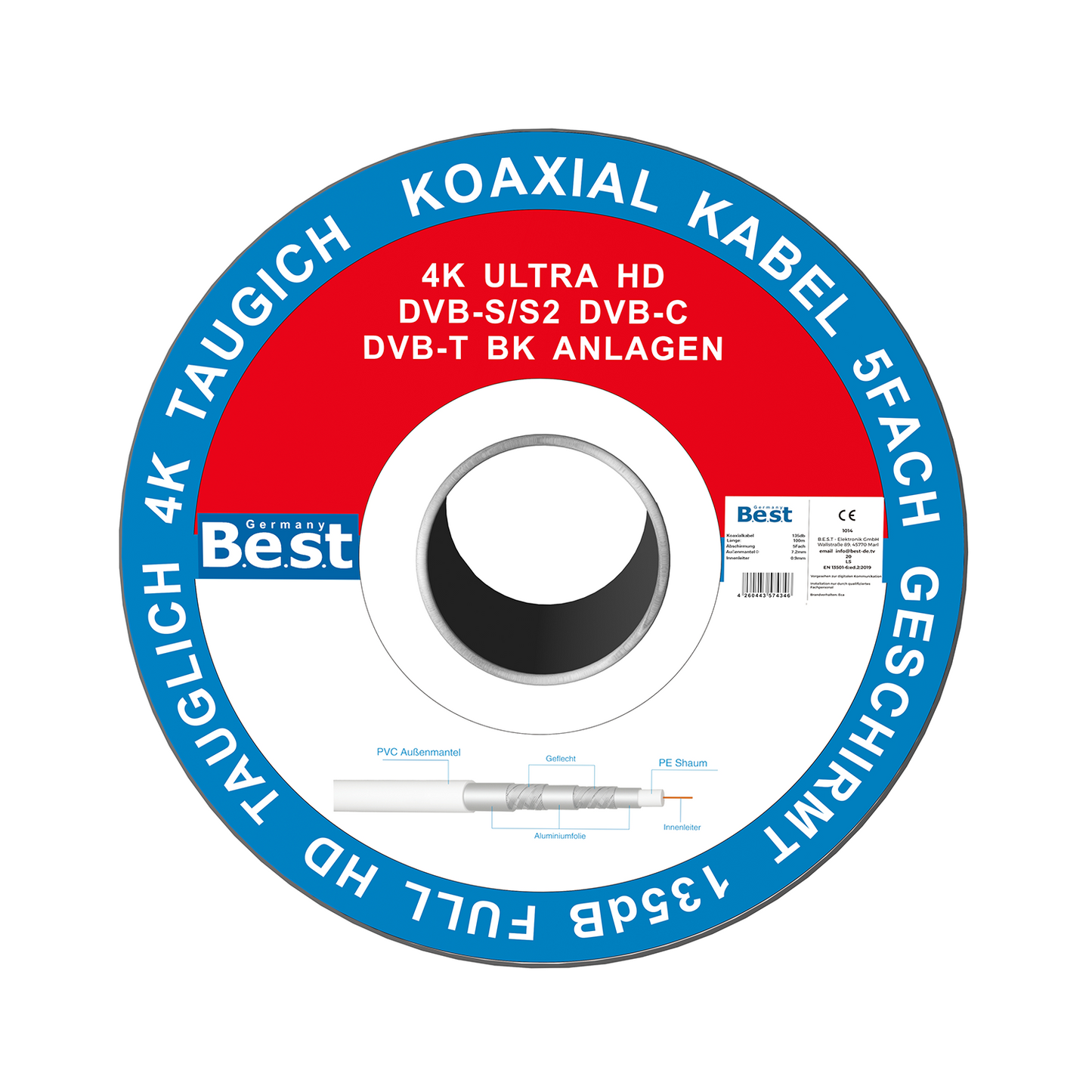 Germany B.e.s.t Koaxialkabel 100 M SAT-Kabel | 4K Ultra HD | Class A+ | DVB-S/S2 DVB-C DVB-T BK Anlagen | 5Fach Geschirmt | 135dB