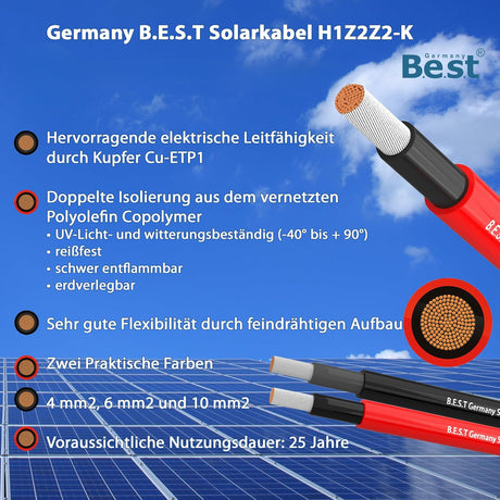 Solarkabel Solarleitung 25-100M 4-6mm² Photovoltaik PV Kabel + 10 Solarstecker Schwarz und Rot