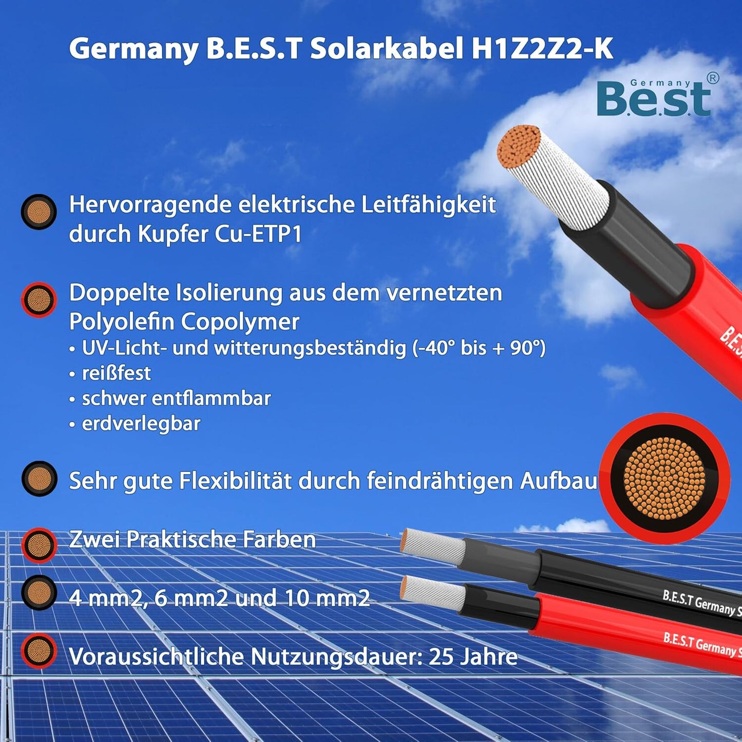 Solarkabel Solarleitung 100m 6mm² reines Kupferkabel H1Z2Z2-K PV Schwarz