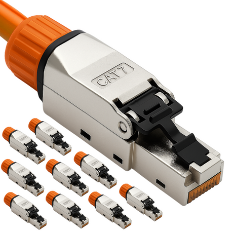 CAT 7 RJ45 Stecker  – werkzeuglose Netzwerkstecker für Ethernet, Verlegekabel & Netzwerkkabel | Gigabit fähig, STP geschirmt, 10 Gbit/s, vergoldete Kontakte