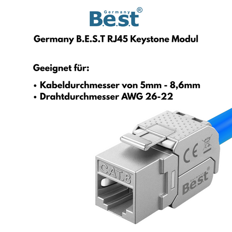 CAT 8 Keystone Netzwerkmodul RJ45 – High-Speed Keystone Buchse, werkzeugfreie Montage, 40 Gbit/s, STP geschirmt, vergoldete Kontakte, kompatibel mit AWG 22–26 & Patchpanel/Netzwerkdosen