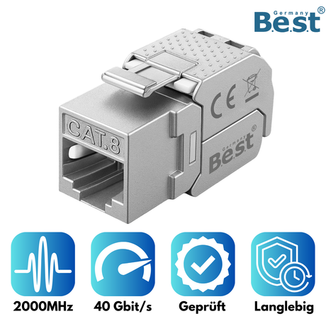 CAT 8 Keystone Netzwerkmodul RJ45 – High-Speed Keystone Buchse, werkzeugfreie Montage, 40 Gbit/s, STP geschirmt, vergoldete Kontakte, kompatibel mit AWG 22–26 & Patchpanel/Netzwerkdosen