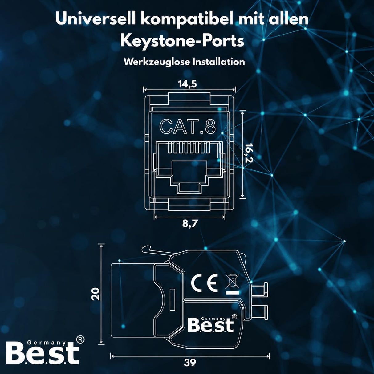 CAT 8 Keystone Netzwerkmodul RJ45 – High-Speed Keystone Buchse, werkzeugfreie Montage, 40 Gbit/s, STP geschirmt, vergoldete Kontakte, kompatibel mit AWG 22–26 & Patchpanel/Netzwerkdosen