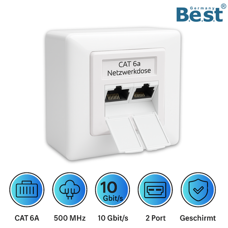 Prise réseau universelle LAN en saillie et encastrée EIA/TIA 568A&B | 2 ports RJ45 | Compatible CAT6a, CAT7, CAT8 - Blanc