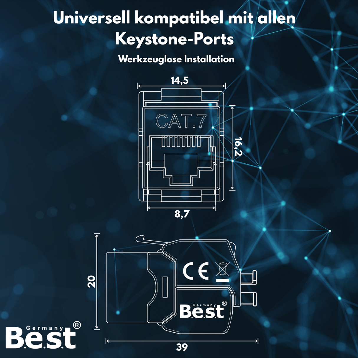 CAT 7 Keystone Netzwerkmodul RJ45 – High-Speed Keystone Buchse, werkzeugfreie Montage, 10 Gbit/s, STP geschirmt, vergoldete Kontakte, kompatibel mit AWG 22–26 & Patchpanel/Netzwerkdosen