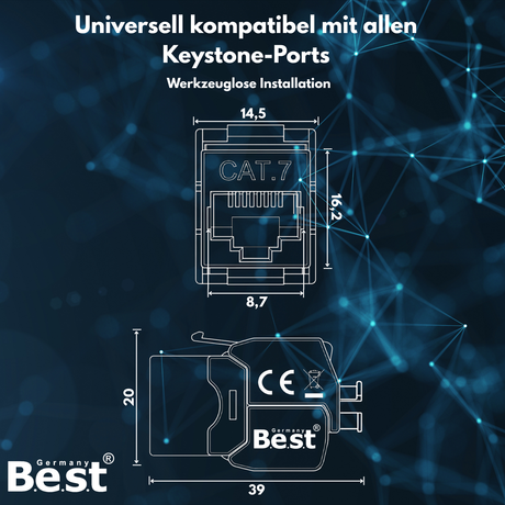 CAT 7 Keystone Netzwerkmodul RJ45 – High-Speed Keystone Buchse, werkzeugfreie Montage, 10 Gbit/s, STP geschirmt, vergoldete Kontakte, kompatibel mit AWG 22–26 & Patchpanel/Netzwerkdosen