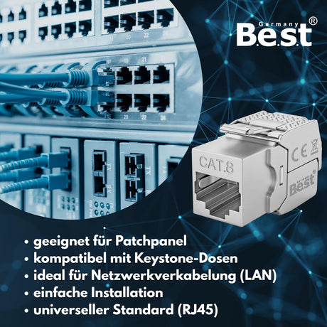 CAT 8 Keystone Netzwerkmodul RJ45 – High-Speed Keystone Buchse, werkzeugfreie Montage, 40 Gbit/s, STP geschirmt, vergoldete Kontakte, kompatibel mit AWG 22–26 & Patchpanel/Netzwerkdosen