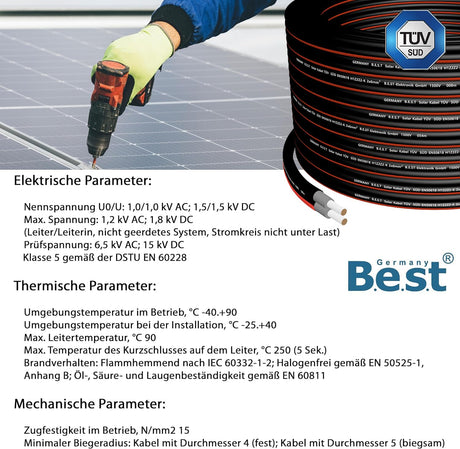 Solarkabel Duplex PV Kabel 4-6mm2 TÜV Zertifiziertes Solar Kabel aus Kupfer, Photovoltaik Kabel 50-100m Schwarz und Rot