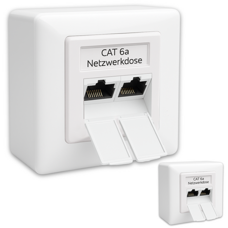 Prise réseau universelle LAN en saillie et encastrée EIA/TIA 568A&B | 2 ports RJ45 | Compatible CAT6a, CAT7, CAT8 - Blanc
