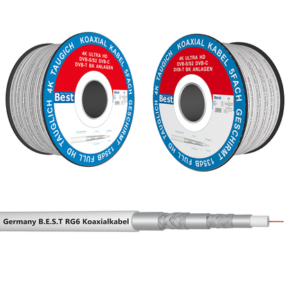 Germany B.e.s.t Koaxialkabel 100 M SAT-Kabel | 4K Ultra HD | Class A+ | DVB-S/S2 DVB-C DVB-T BK Anlagen | 5Fach Geschirmt | 135dB