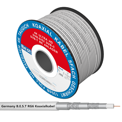 Germany B.e.s.t Koaxialkabel 100 M SAT-Kabel | 4K Ultra HD | Class A+ | DVB-S/S2 DVB-C DVB-T BK Anlagen | 5Fach Geschirmt | 135dB